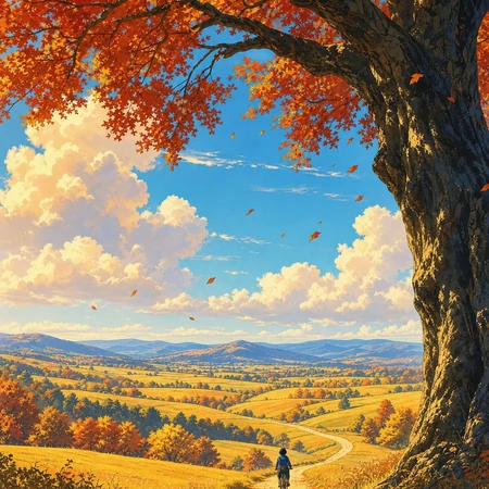 秋日林间暖阳红枫风景系列插画