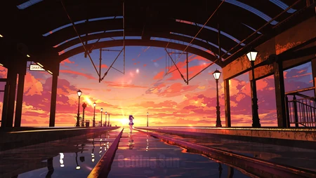 黄昏夕阳下的动漫风海边站台风景