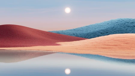 简约治愈系湖山日月倒影风景插画