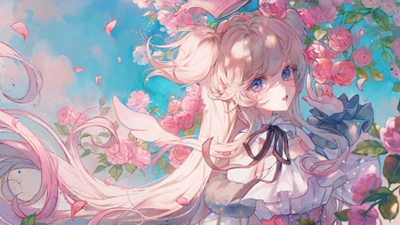 粉发蓝瞳少女与盛放蔷薇梦幻插画