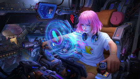 粉发少女机甲驾驶舱赛博朋克风插画