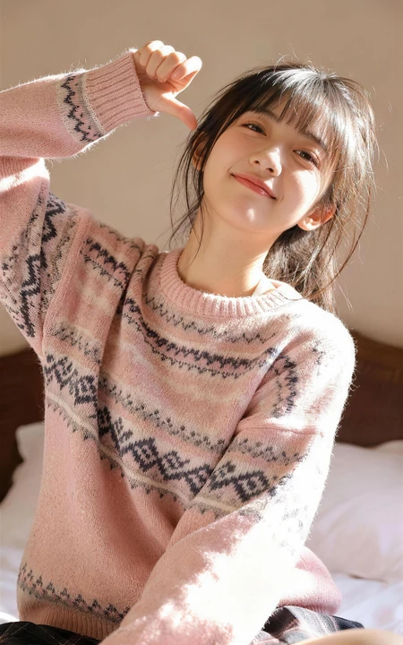 暖阳下的粉色毛衣少女清新居家写真