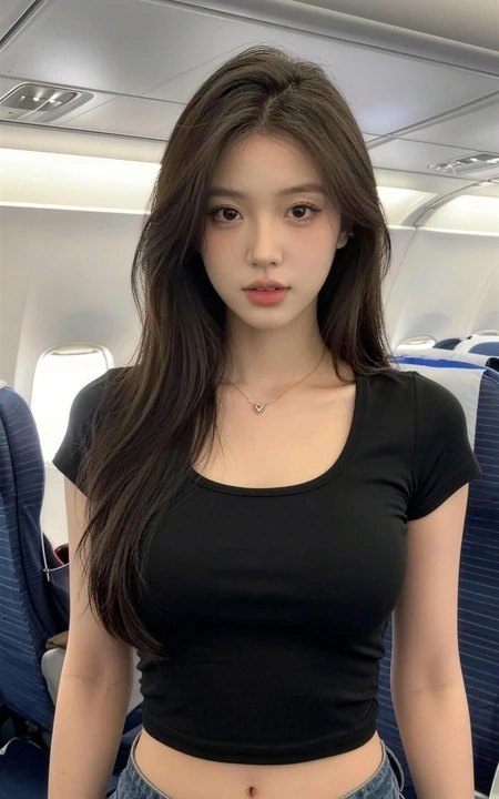 机舱内黑T恤牛仔长发女生清新随拍