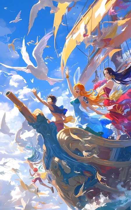 航海王路飞娜美女帝乘帆船出海插画