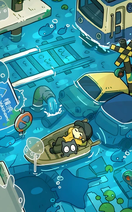 手绘风洪水淹没的城市街道乘船人物插画