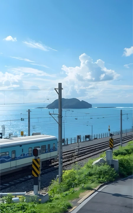 日本海滨铁路晴朗蓝天碧海风光