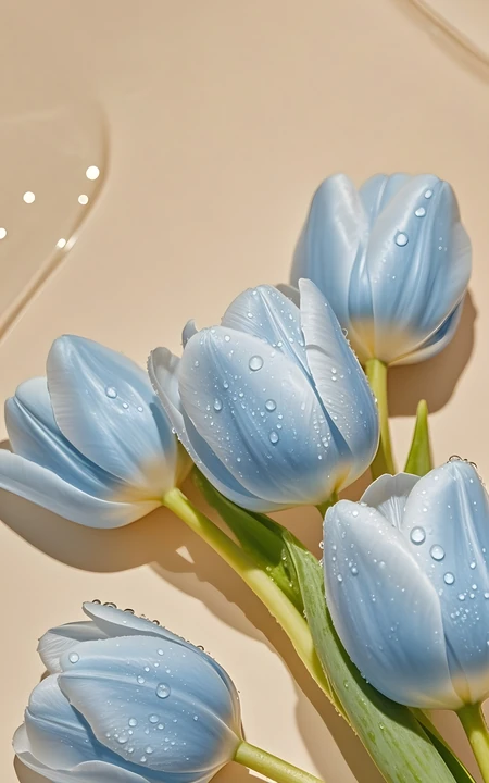 浅蓝郁金香清新特写 花瓣带水珠