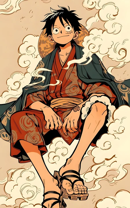 海贼王路飞和服风格祥云插画