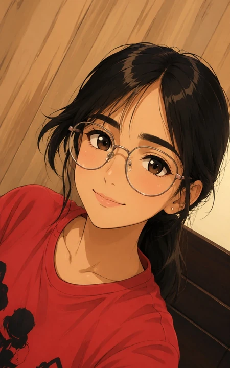 戴圆框眼镜的黑发马尾动漫少女自拍插画