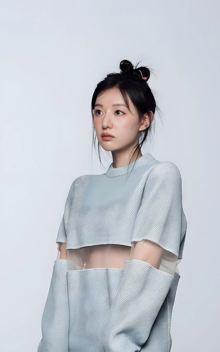 年轻女生浅蓝透视袖套装丸子头写真