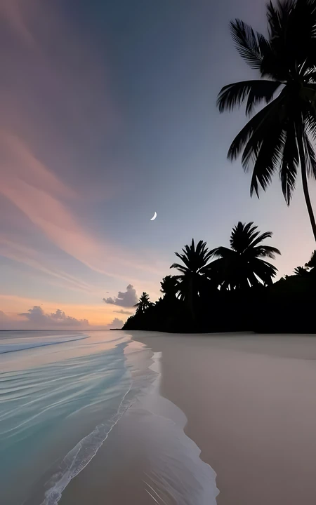 暮色新月海滨沙滩椰林风景