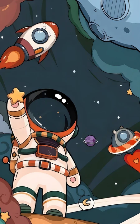 卡通宇航员摘星星太空创意插画