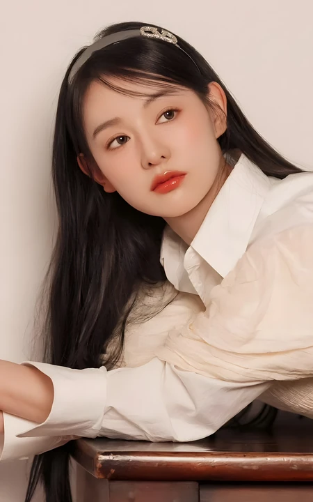 温婉黑长发女生白衬衫清新室内人像