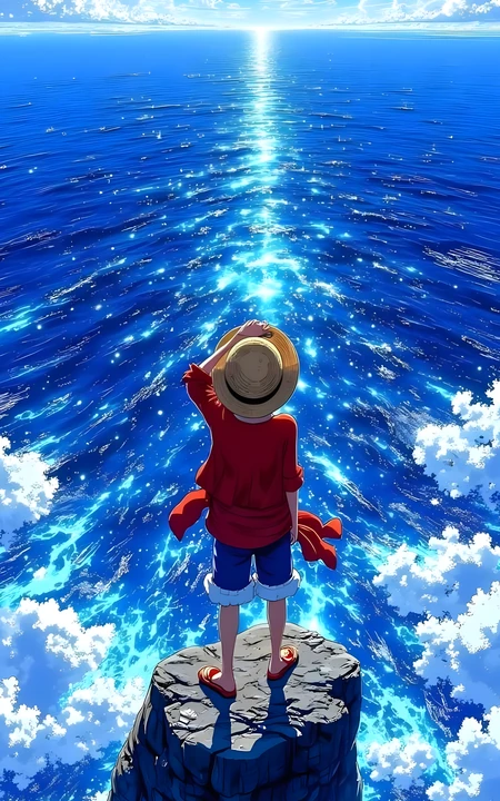海贼王路飞眺望蔚蓝大海动漫场景图