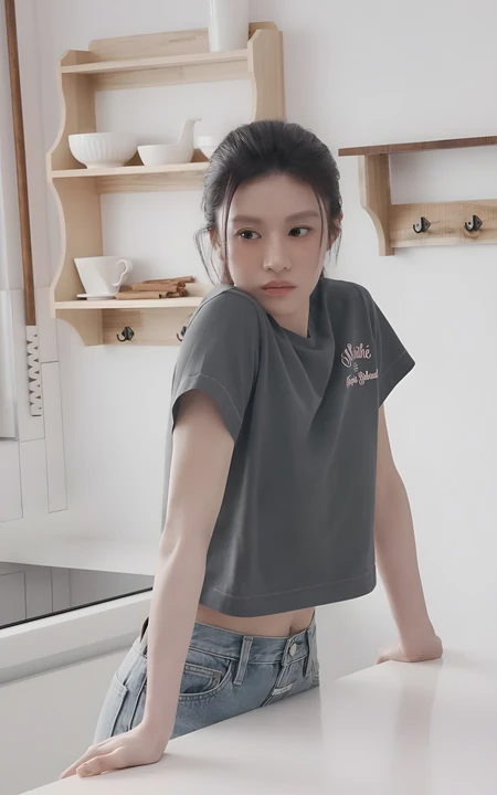居家休闲风女生短款T恤牛仔裤清爽写真