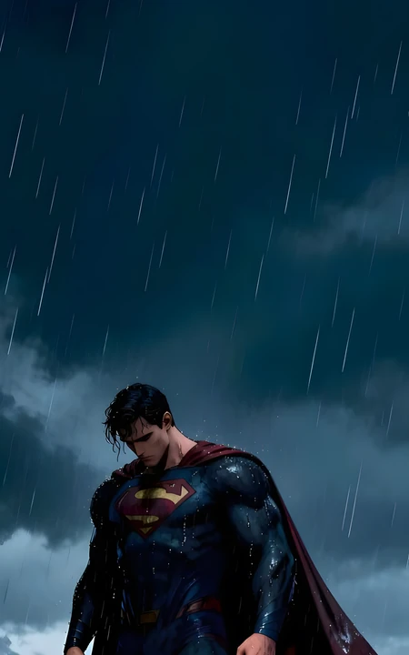 DC超人雨夜低首 经典披风战衣同人插画