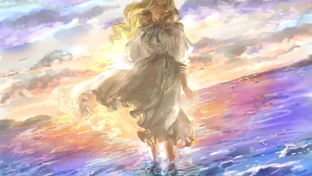 黄昏海边漫步的金发白裙少女唯美插画