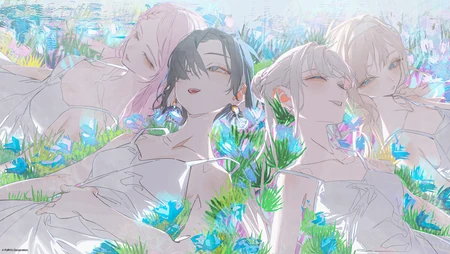 花丛中休憩的四位动漫少女清新插画