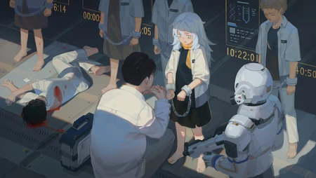 未来科幻赛博风格银发少女刑场对峙插画