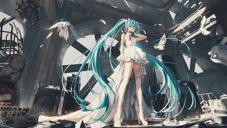 初音未来白色礼服置身工业废墟场景插画