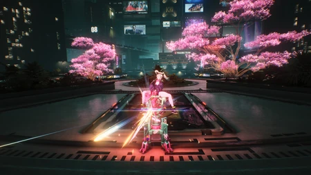 赛博朋克风未来都市粉樱少女机甲战斗场景