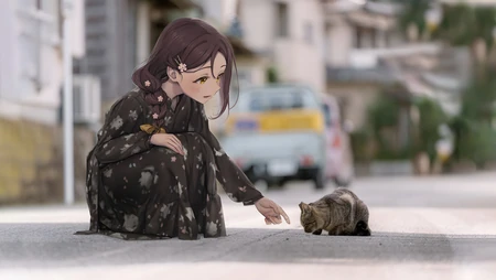 樱内梨子和风和服街头逗狸花猫插画