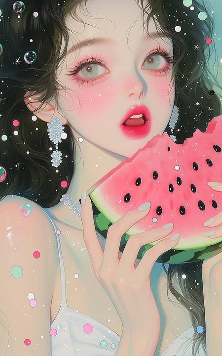 夏日西瓜少女梦幻闪片二次元插画组图