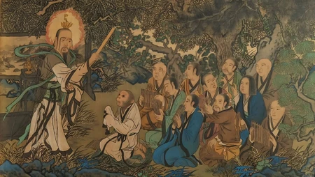 古典工笔神仙传道与猴身听法人众画作